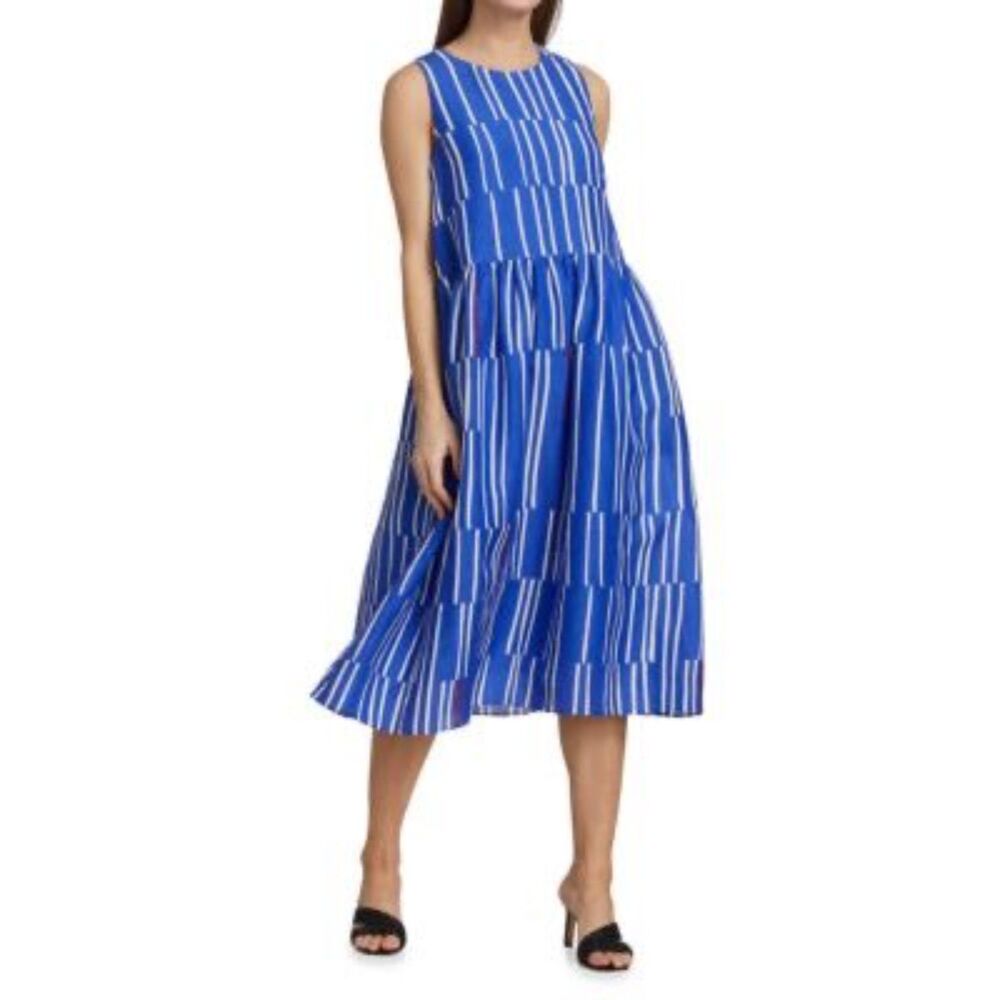 Lafayette 148 New York Cass Dash-Stripe Sleeveless Blue Midi Dress, size M
